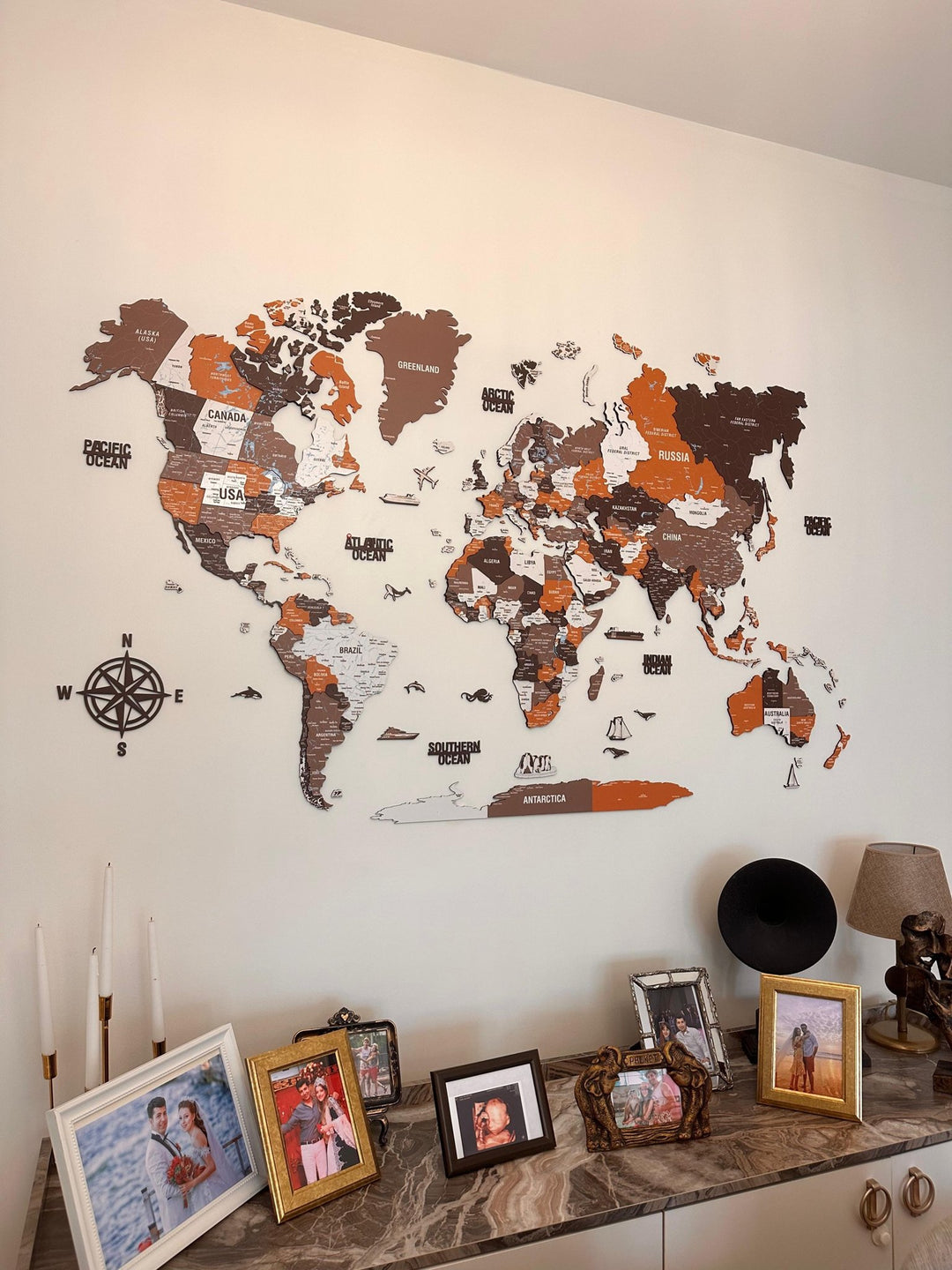 Wooden World Map Wall Art - UV Print, 3D Map with Vibrant Colors (Soil) in a customer's home