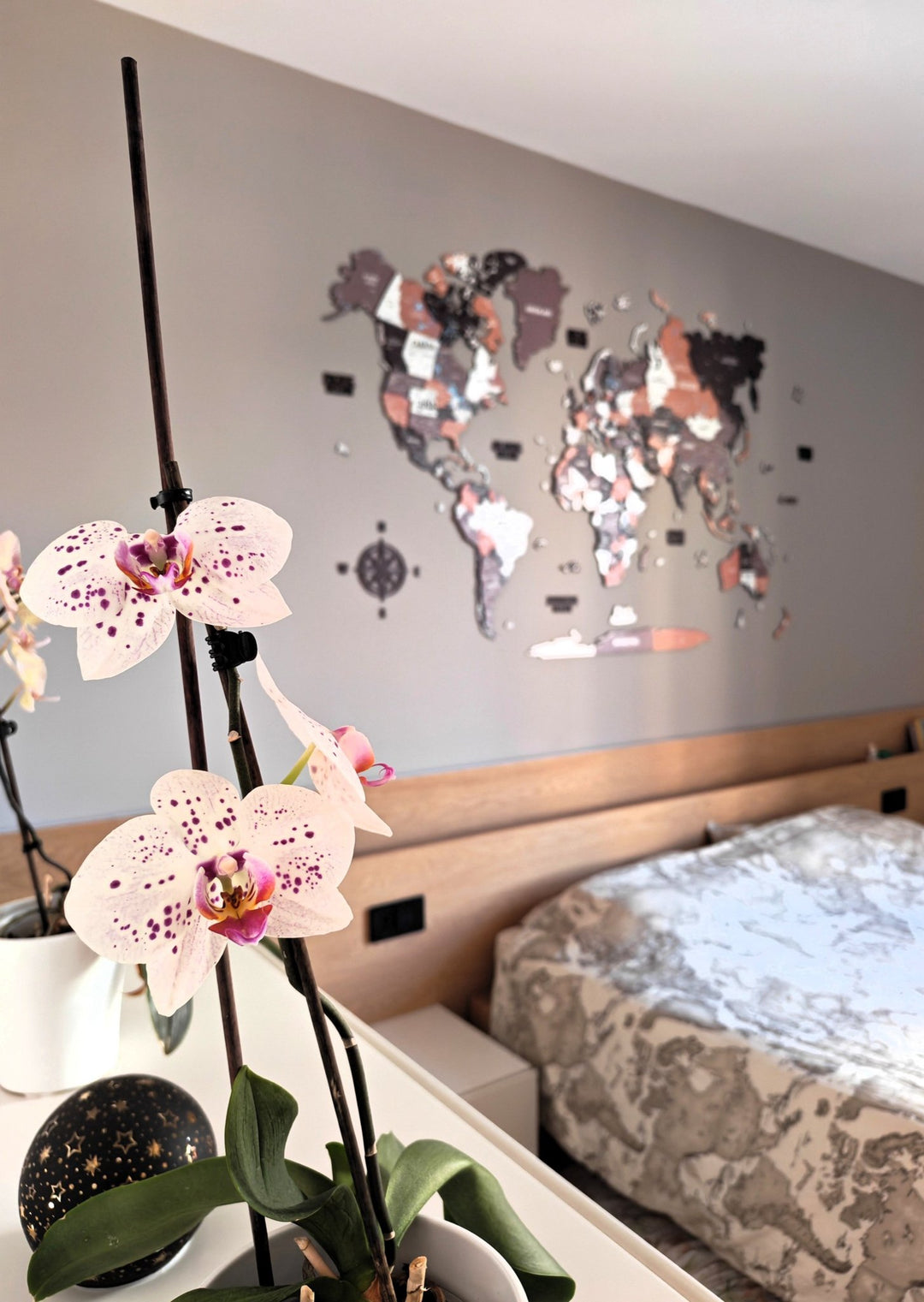 Wooden World Map Wall Art - UV Print, 3D Map with Vibrant Colors (Soil) styled by @elilovestravelling