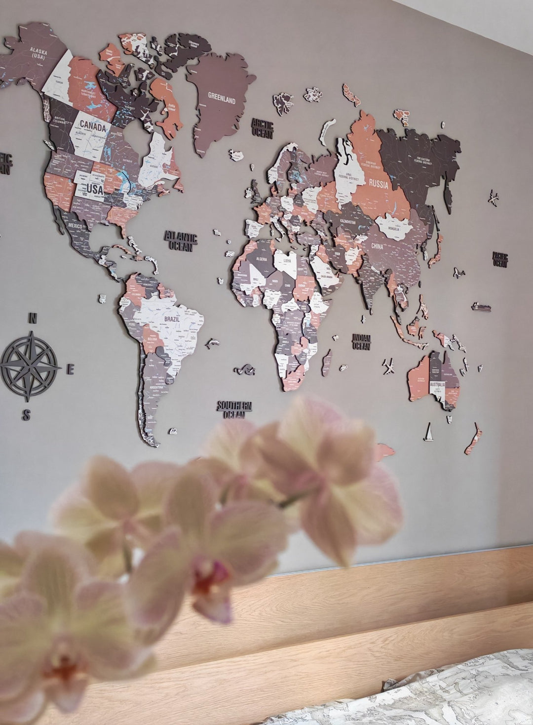 Wooden World Map Wall Art - UV Print, 3D Map with Vibrant Colors (Soil) styled by @elilovestravelling