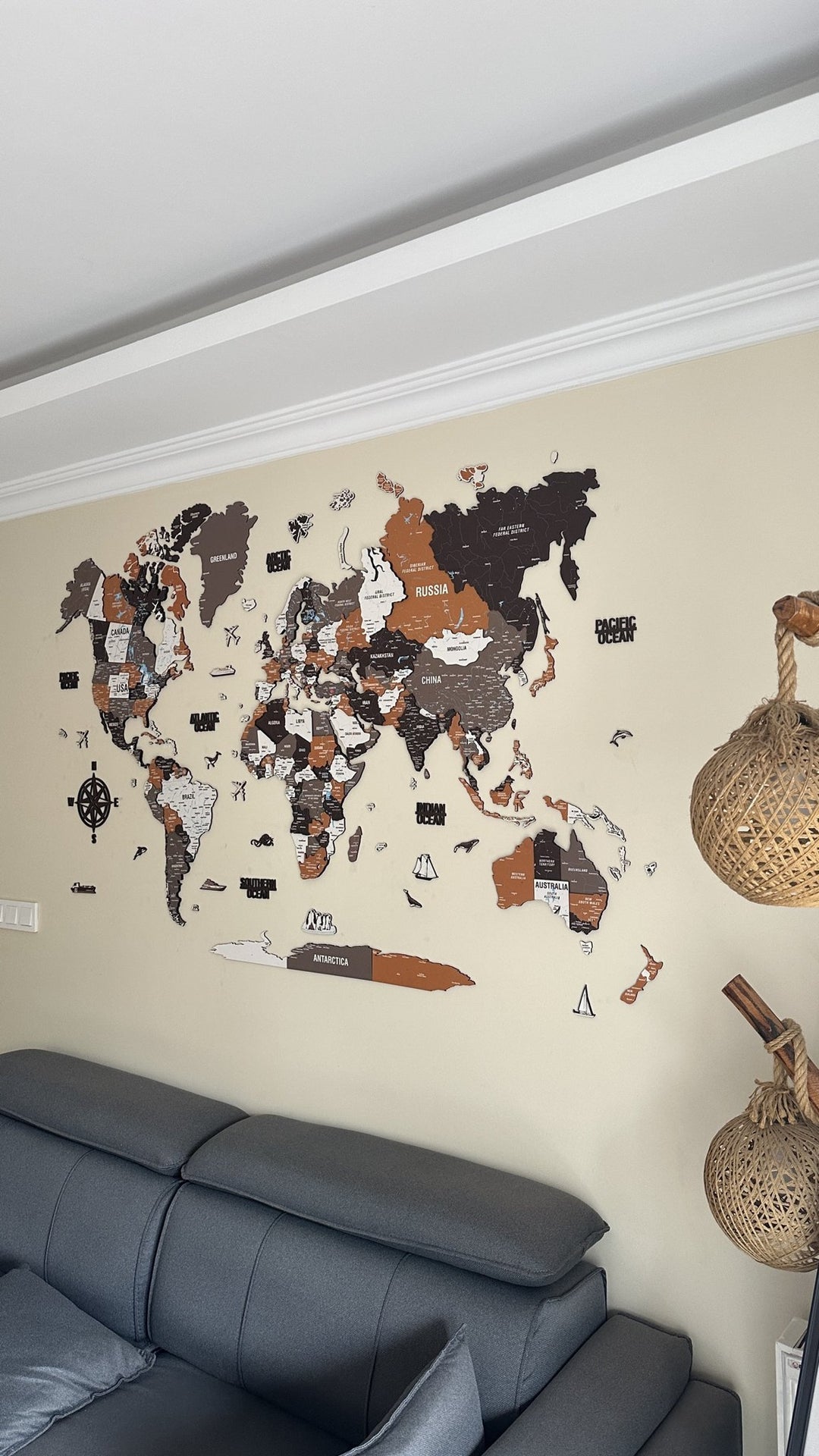Wooden World Map Wall Art - UV Print, 3D Map with Vibrant Colors (Soil) in a customer's home