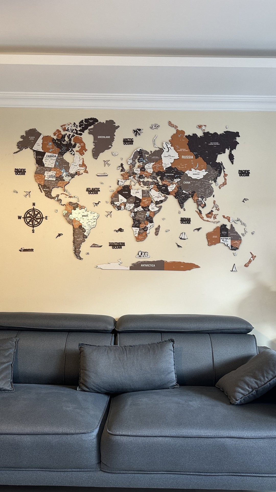 Wooden World Map Wall Art - UV Print, 3D Map with Vibrant Colors (Soil) in a customer's home