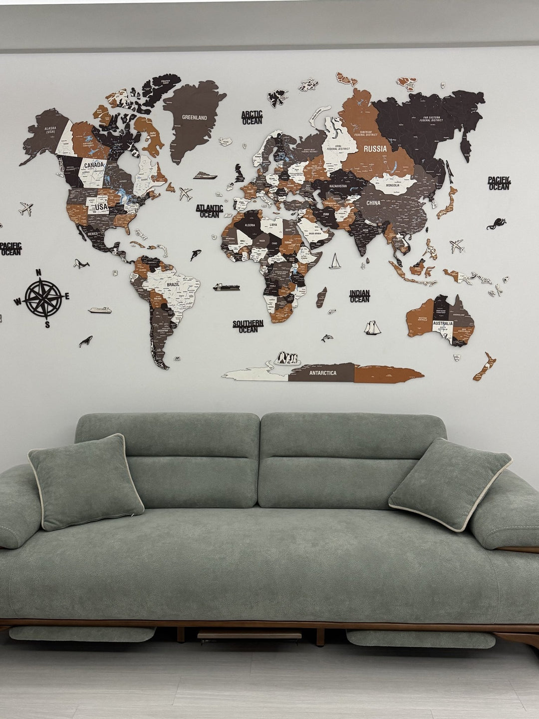Wooden World Map Wall Art - UV Print, 3D Map with Vibrant Colors (Soil) in a customer's home