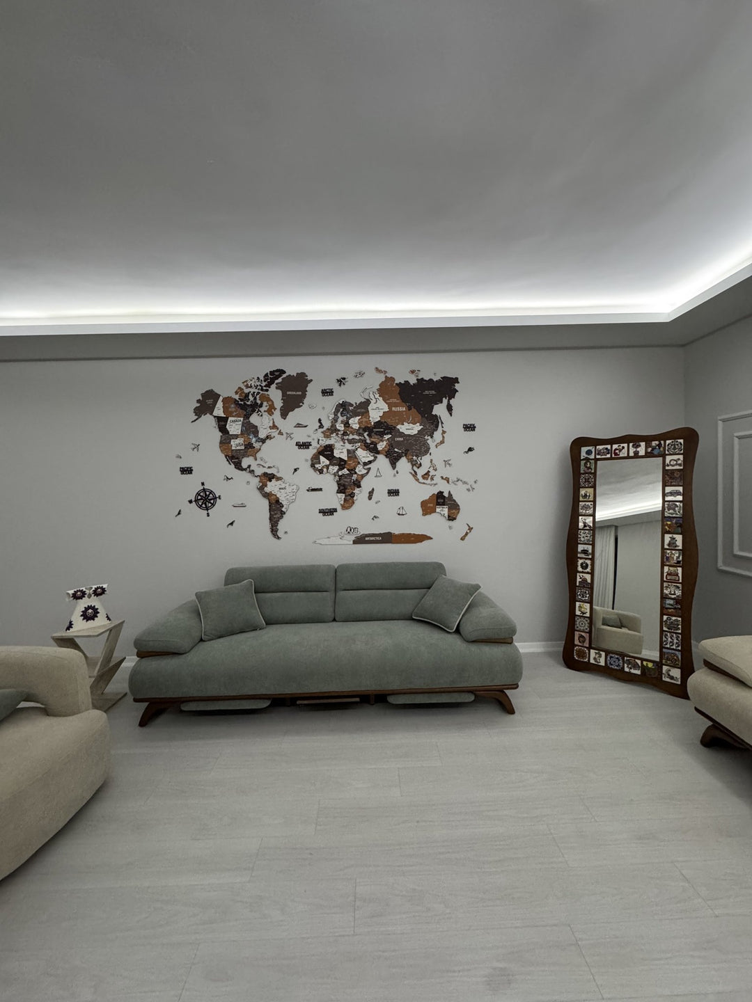 Wooden World Map Wall Art - UV Print, 3D Map with Vibrant Colors (Soil) in a customer's home