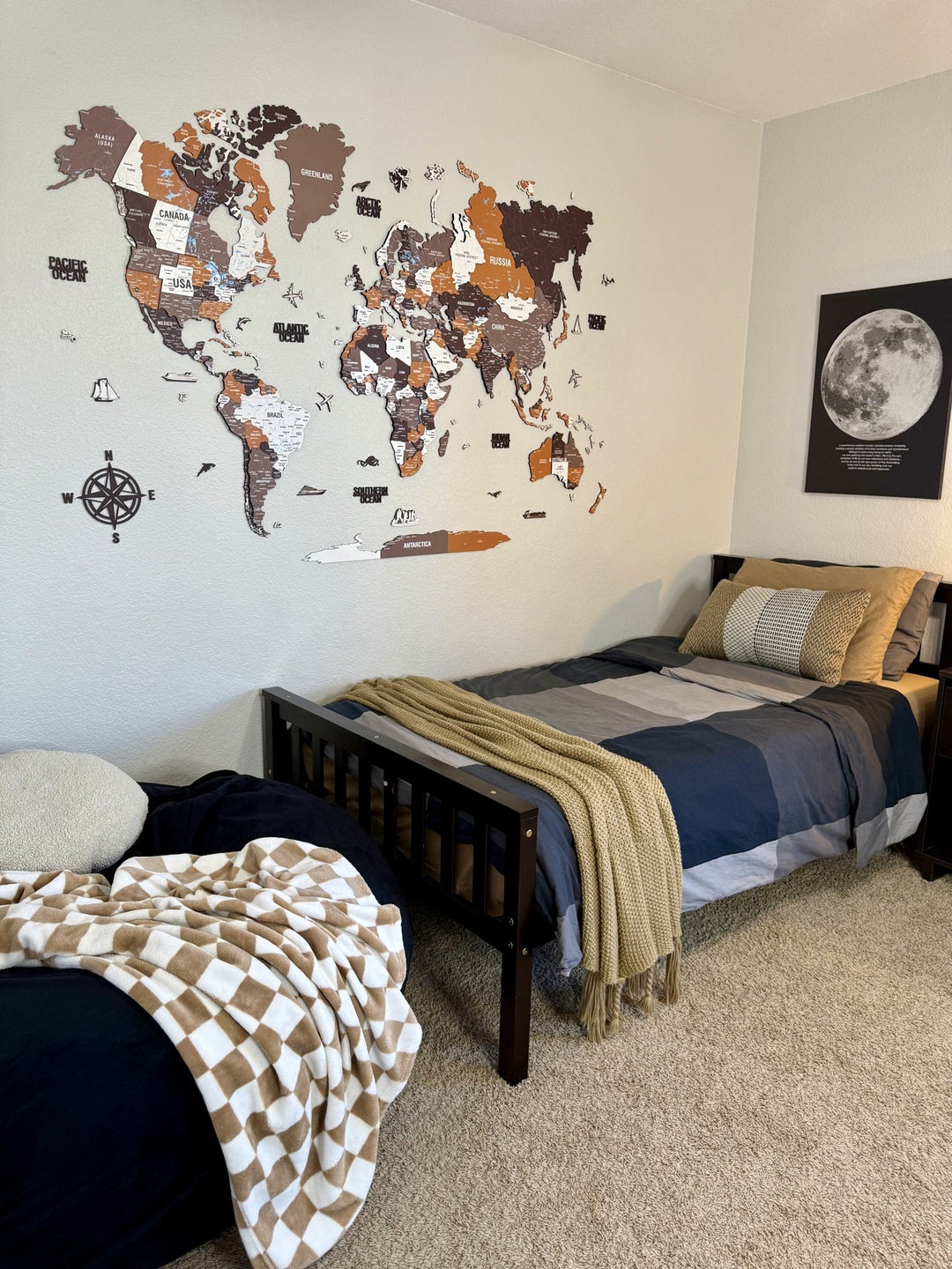 Wooden World Map Wall Art - UV Print, 3D Map with Vibrant Colors (Soil) styled by @cozyhomebymuroj
