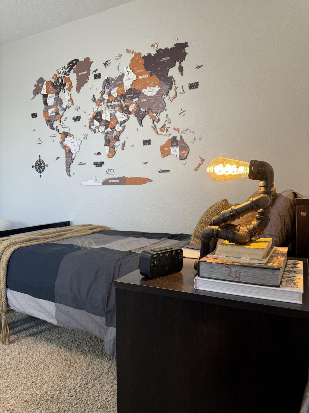 Wooden World Map Wall Art - UV Print, 3D Map with Vibrant Colors (Soil) styled by @cozyhomebymuroj