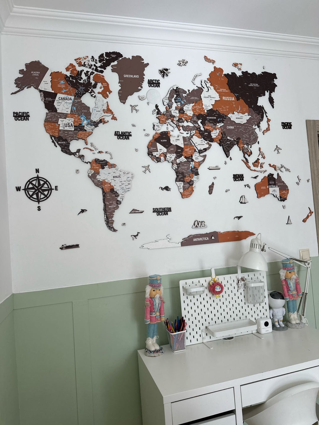 Wooden World Map Wall Art - UV Print, 3D Map with Vibrant Colors (Soil) in a customer's home