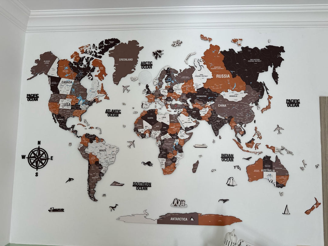 Wooden World Map Wall Art - UV Print, 3D Map with Vibrant Colors (Soil) in a customer's home