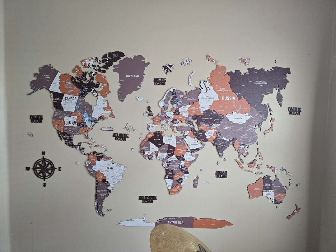 Wooden World Map Wall Art - UV Print, 3D Map with Vibrant Colors (Soil) in a customer's home