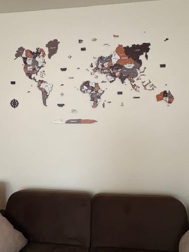 Wooden World Map Wall Art - UV Print, 3D Map with Vibrant Colors (Soil) in a customer's home
