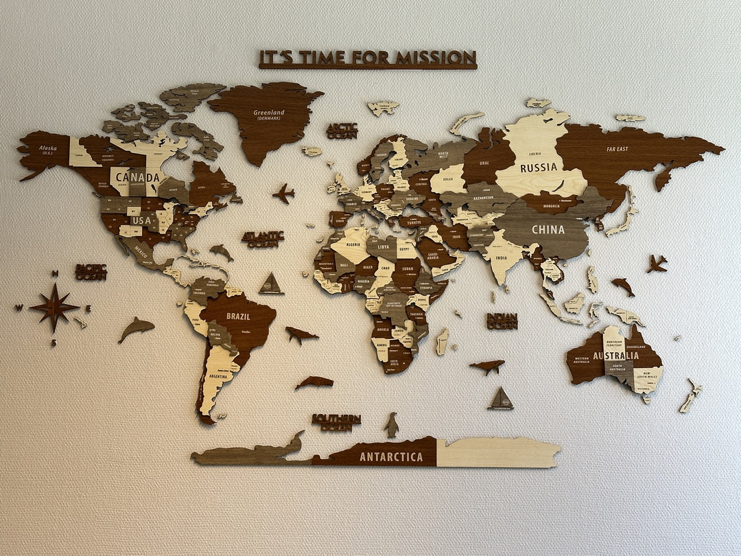 Wooden World Map Wall Art - 3d Wood Push Pin Maps, Multicolor in a customer's home