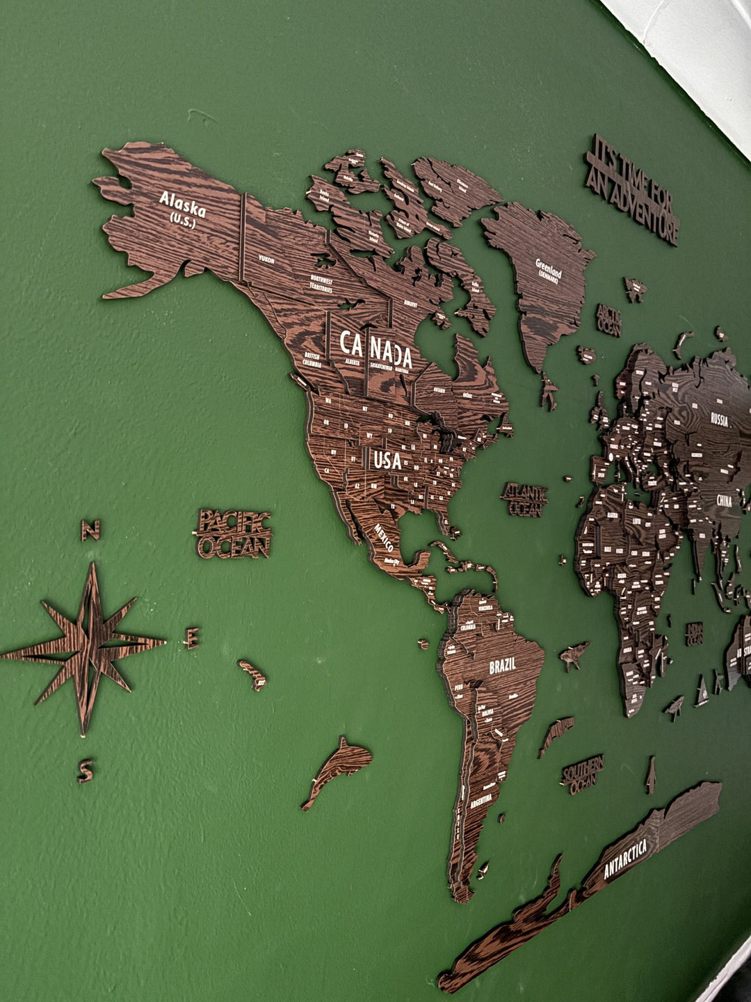 Wooden World Map Wall Decor - 3D Wood Push Pin Maps (Dark Brown) styled by @bringthekidstravel