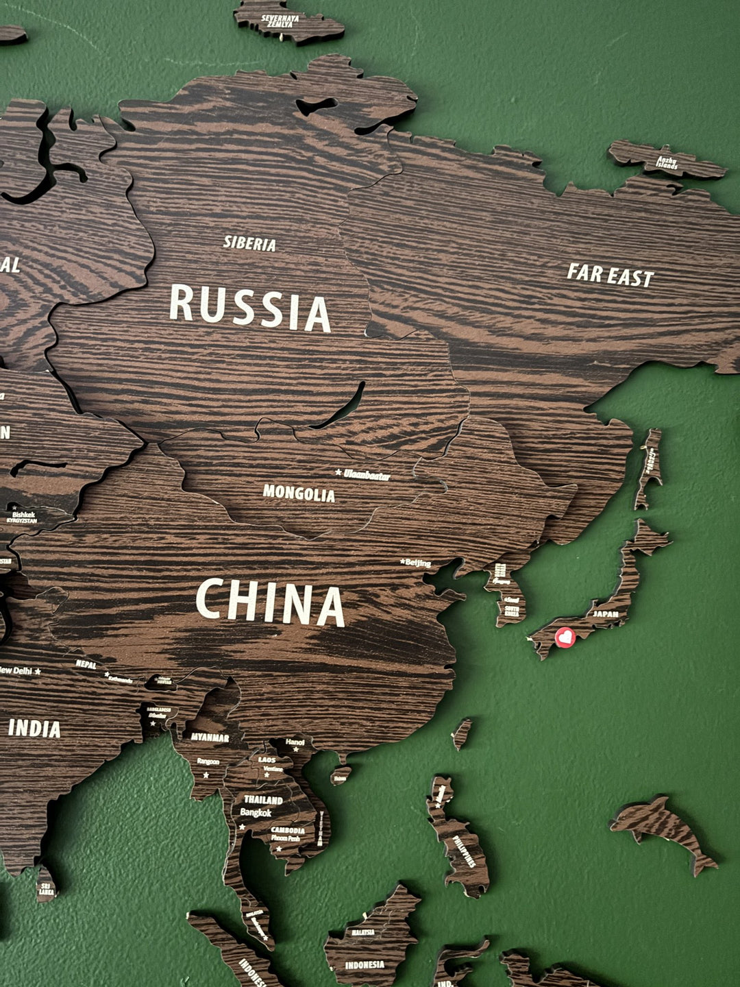 Wooden World Map Wall Decor - 3D Wood Push Pin Maps (Dark Brown) styled by @bringthekidstravel