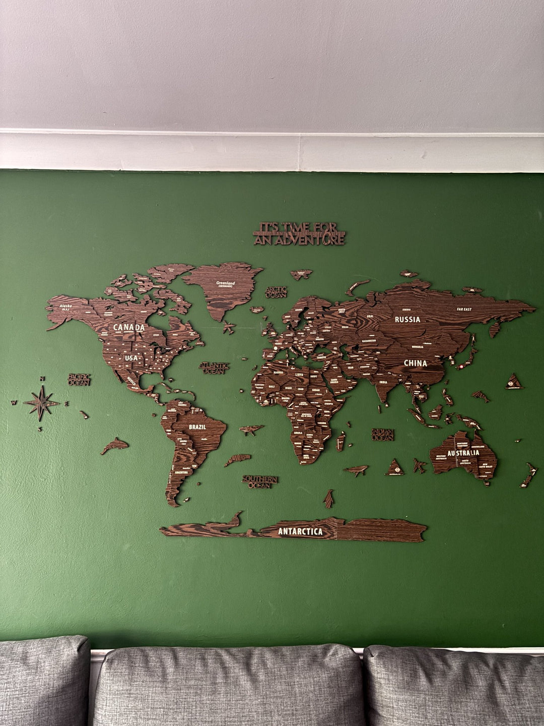 Wooden World Map Wall Decor - 3D Wood Push Pin Maps (Dark Brown) styled by @bringthekidstravel