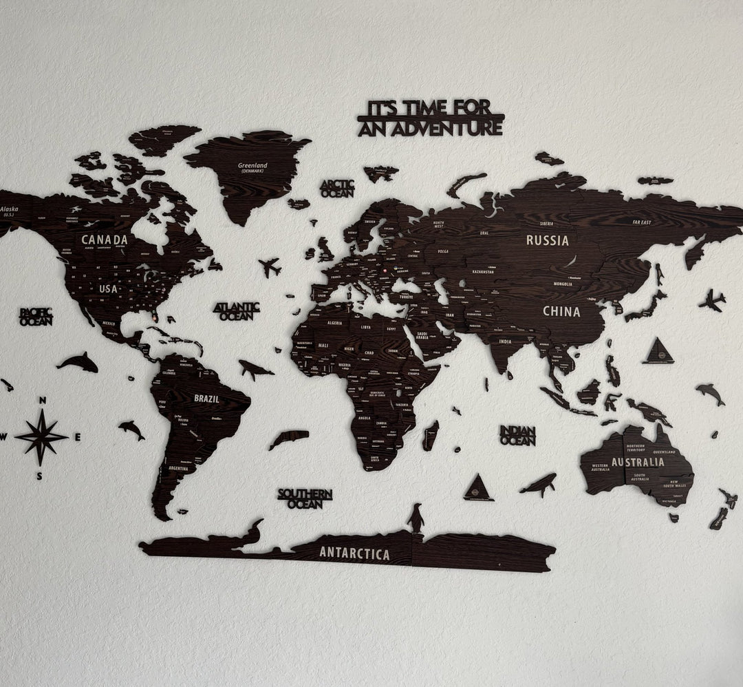 Wooden World Map Wall Decor - 3D Wood Push Pin Maps (Dark Brown) styled by @nadia_pushkash