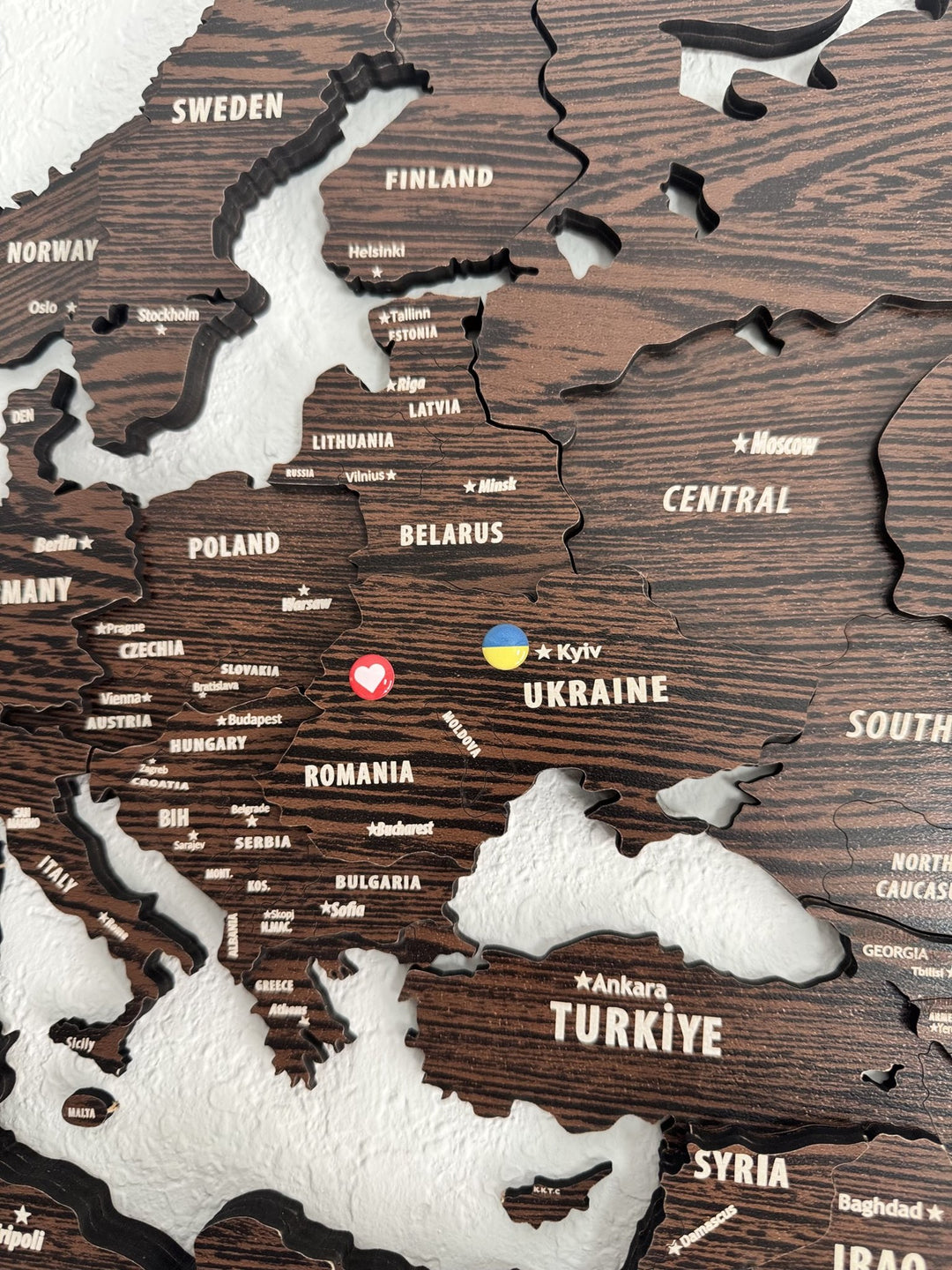 Wooden World Map Wall Decor - 3D Wood Push Pin Maps (Dark Brown) styled by @nadia_pushkash