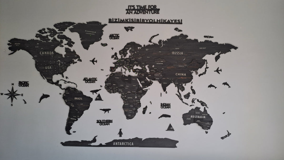 Wooden World Map with States - Push Pin 3D World Maps, Tuana Wood Wall Art in a customer's home