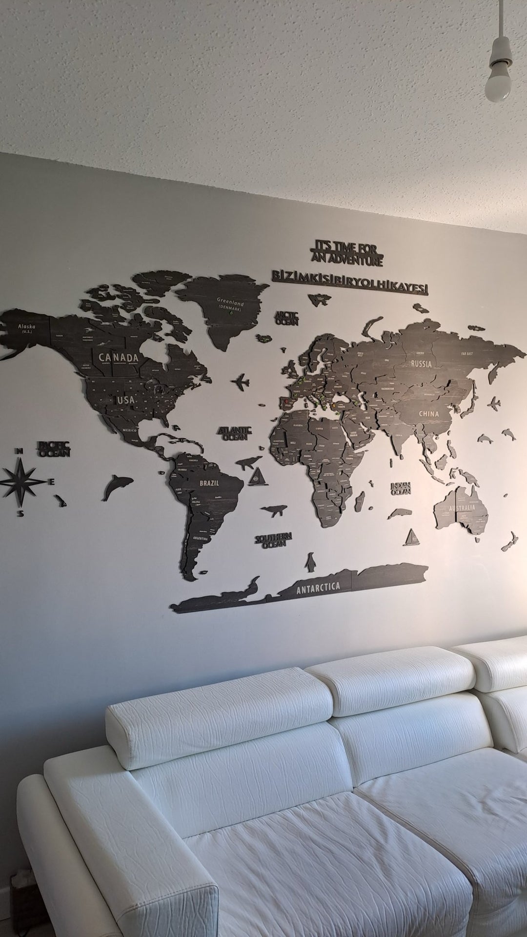Wooden World Map with States - Push Pin 3D World Maps, Tuana Wood Wall Art in a customer's home