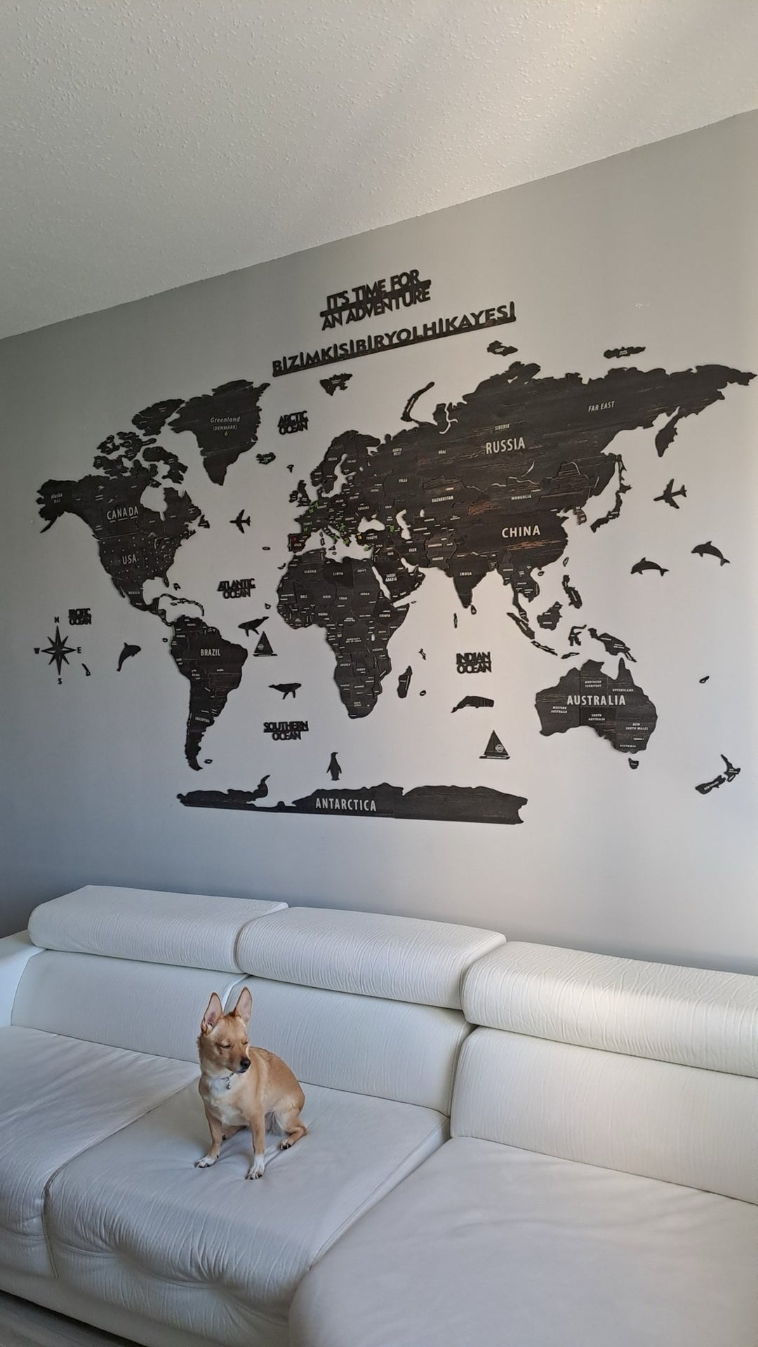 Wooden World Map with States - Push Pin 3D World Maps, Tuana Wood Wall Art in a customer's home