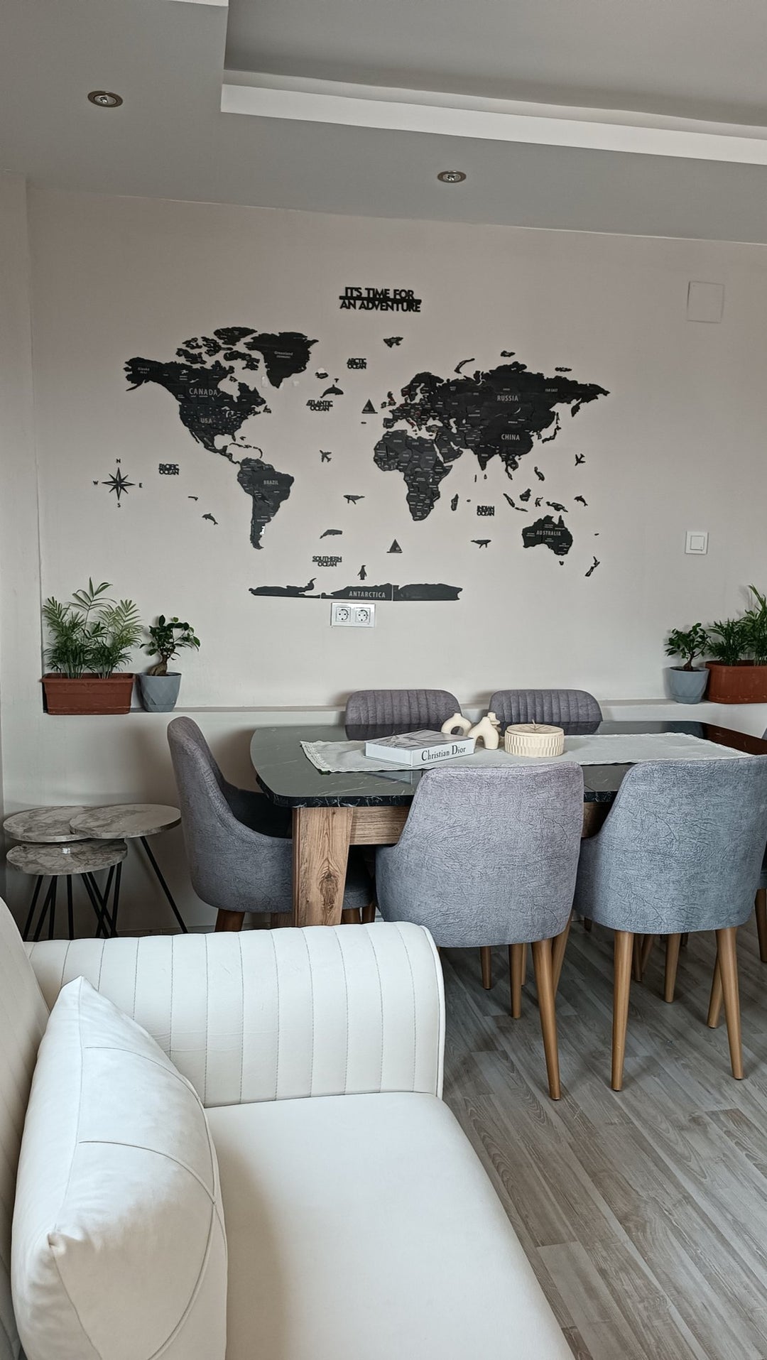Wooden World Map with States - Push Pin 3D World Maps, Tuana Wood Wall Art in a customer's home