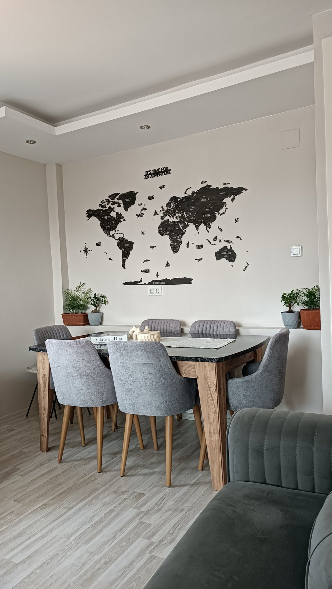 Wooden World Map with States - Push Pin 3D World Maps, Tuana Wood Wall Art in a customer's home