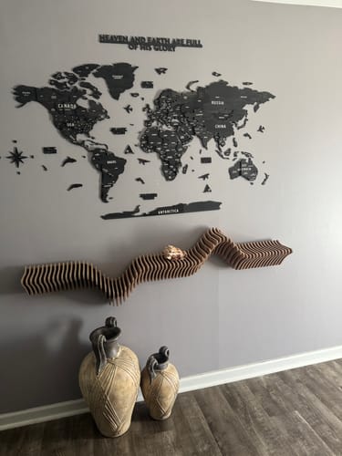 Wooden World Map with States - Push Pin 3D World Maps, Tuana Wood Wall Art in a customer's home