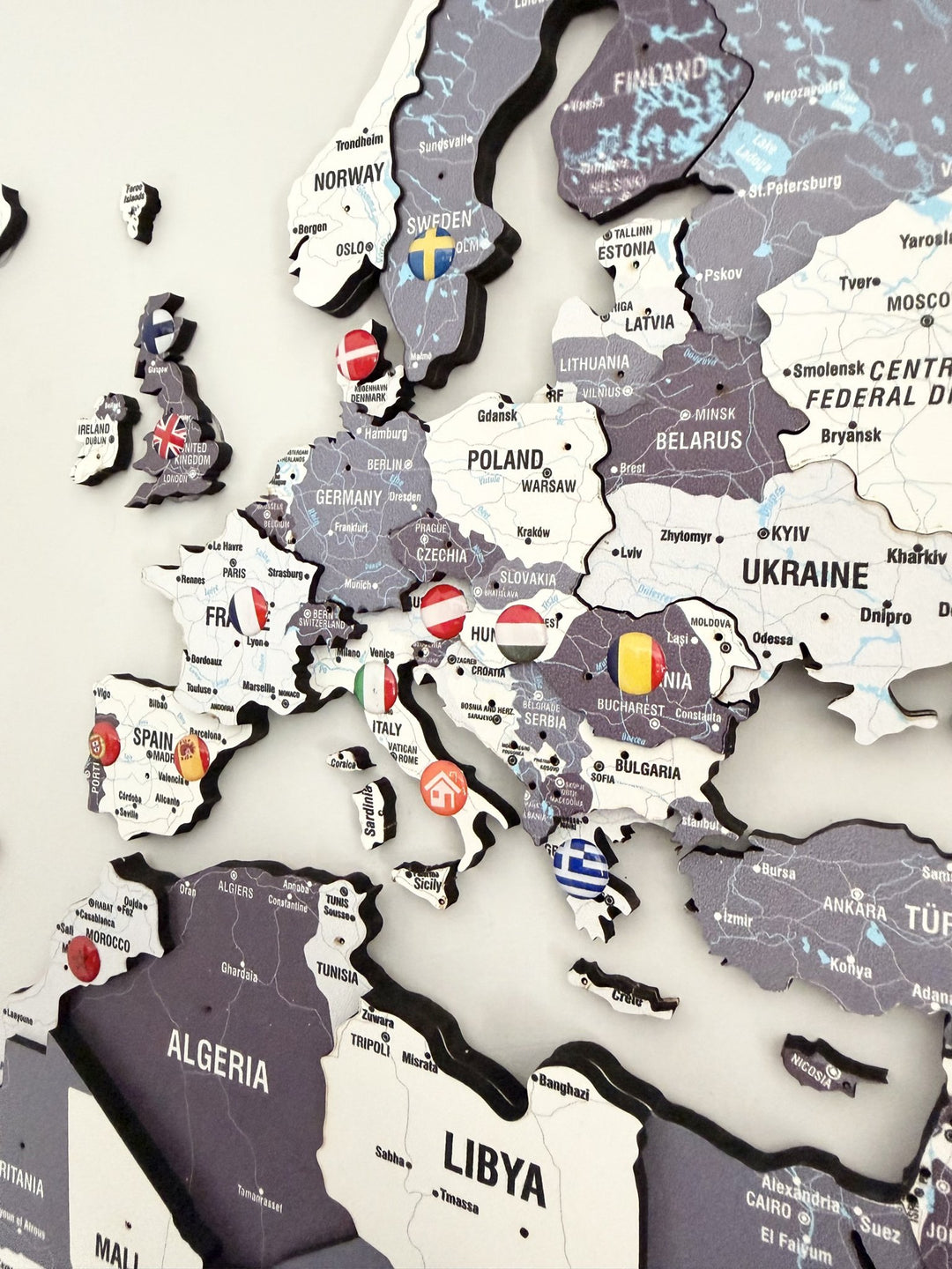 Wooden World Map for Wall - 3D Art & Vibrant Colors (Nimbus) in a customer's home