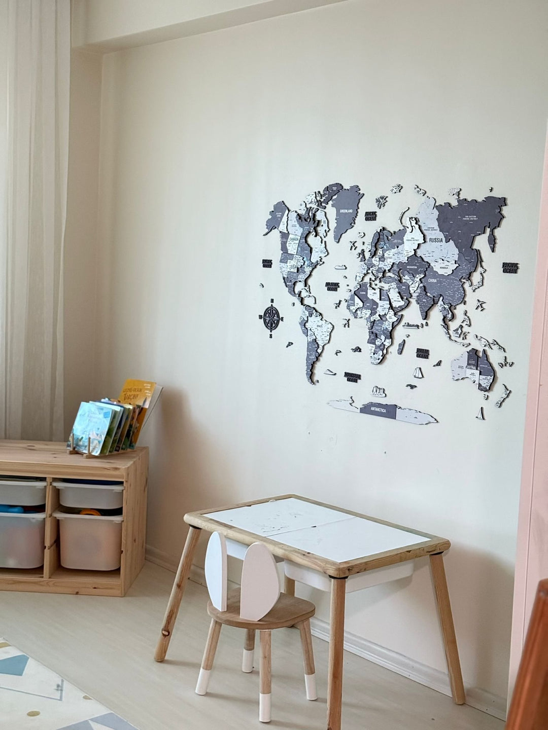 Wooden World Map for Wall - 3D Art & Vibrant Colors (Nimbus) in a customer's home