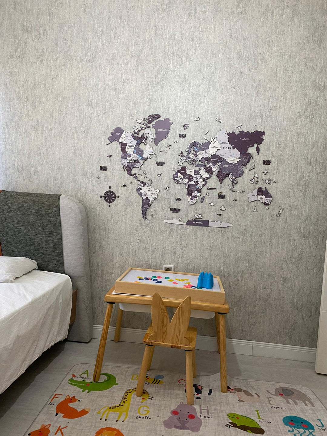 Wooden World Map for Wall - 3D Art & Vibrant Colors (Nimbus) in a customer's home