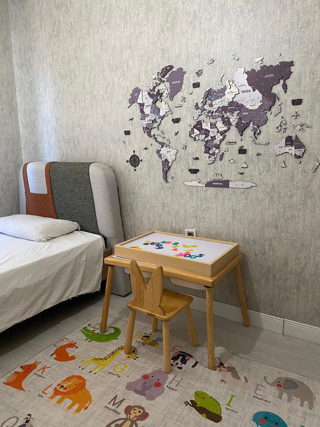 Wooden World Map for Wall - 3D Art & Vibrant Colors (Nimbus) in a customer's home