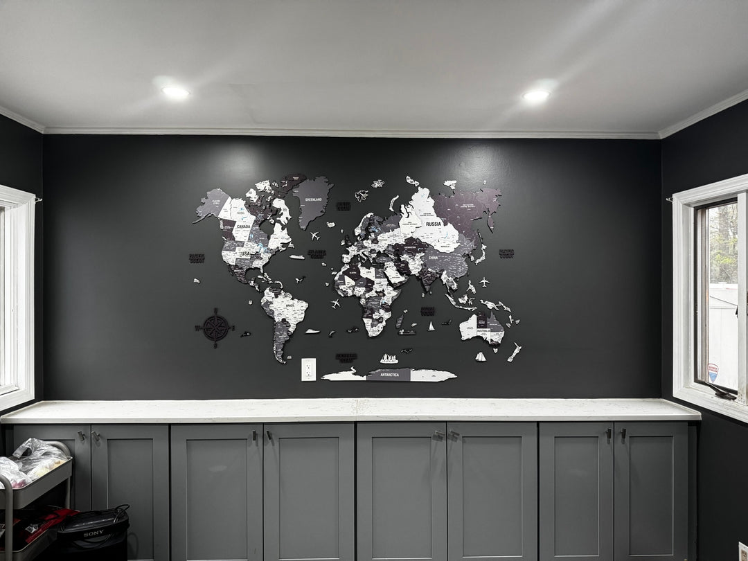 Wooden World Map for Wall - 3D Art & Vibrant Colors (Nimbus) in a customer's home