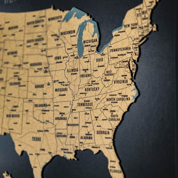 Close-up of the Great Lakes and the eastern states on the cork USA map, with Illinois to Georgia