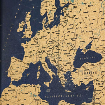 Close-up of Europe on the framed cork map with Spain, France, Germany, Poland and the Mediterranean Sea