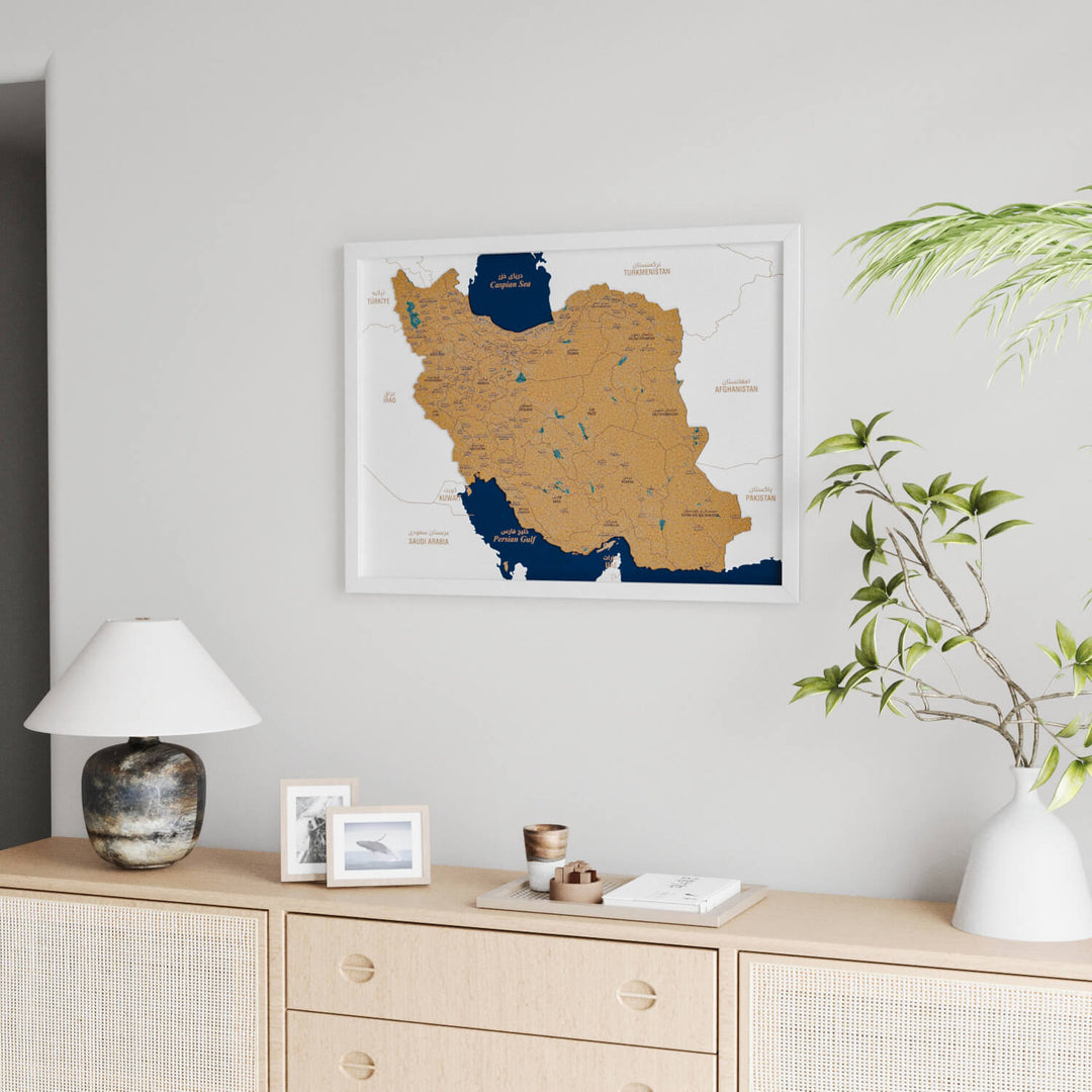 Framed Iran Cork Wall Map Decor