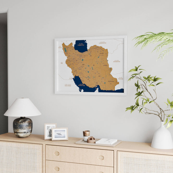 Framed Iran Cork Wall Map Decor