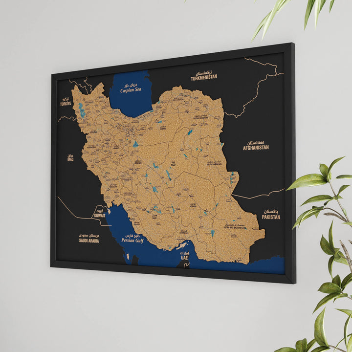 Framed Iran Cork Wall Map Decor