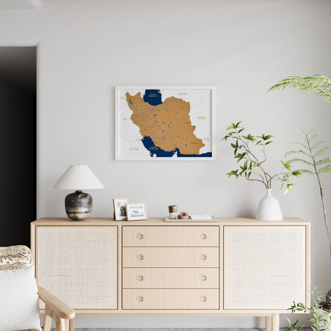 Framed Iran Cork Wall Map Decor