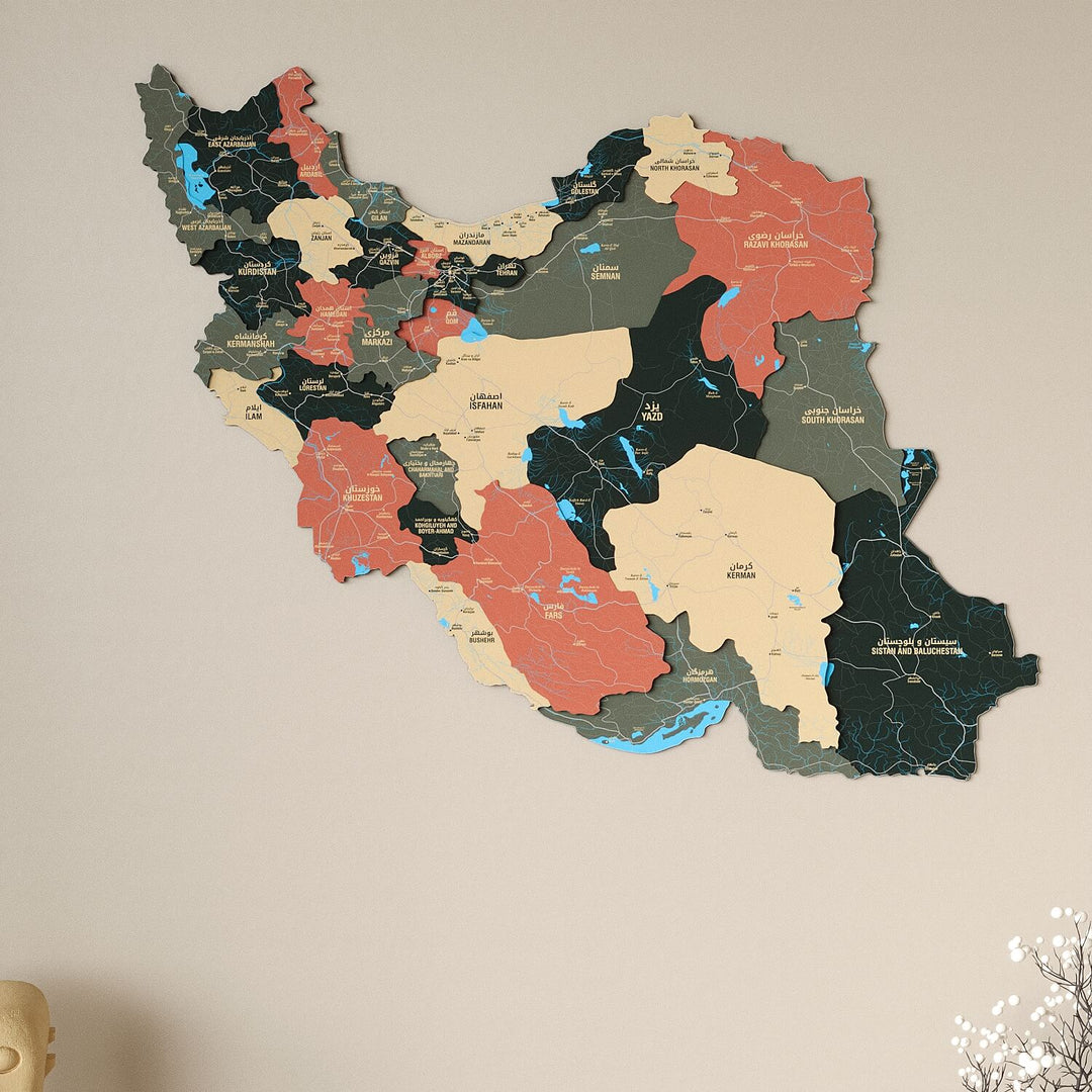 Iran Wooden Wall Map Colorful Flag Edition Decor