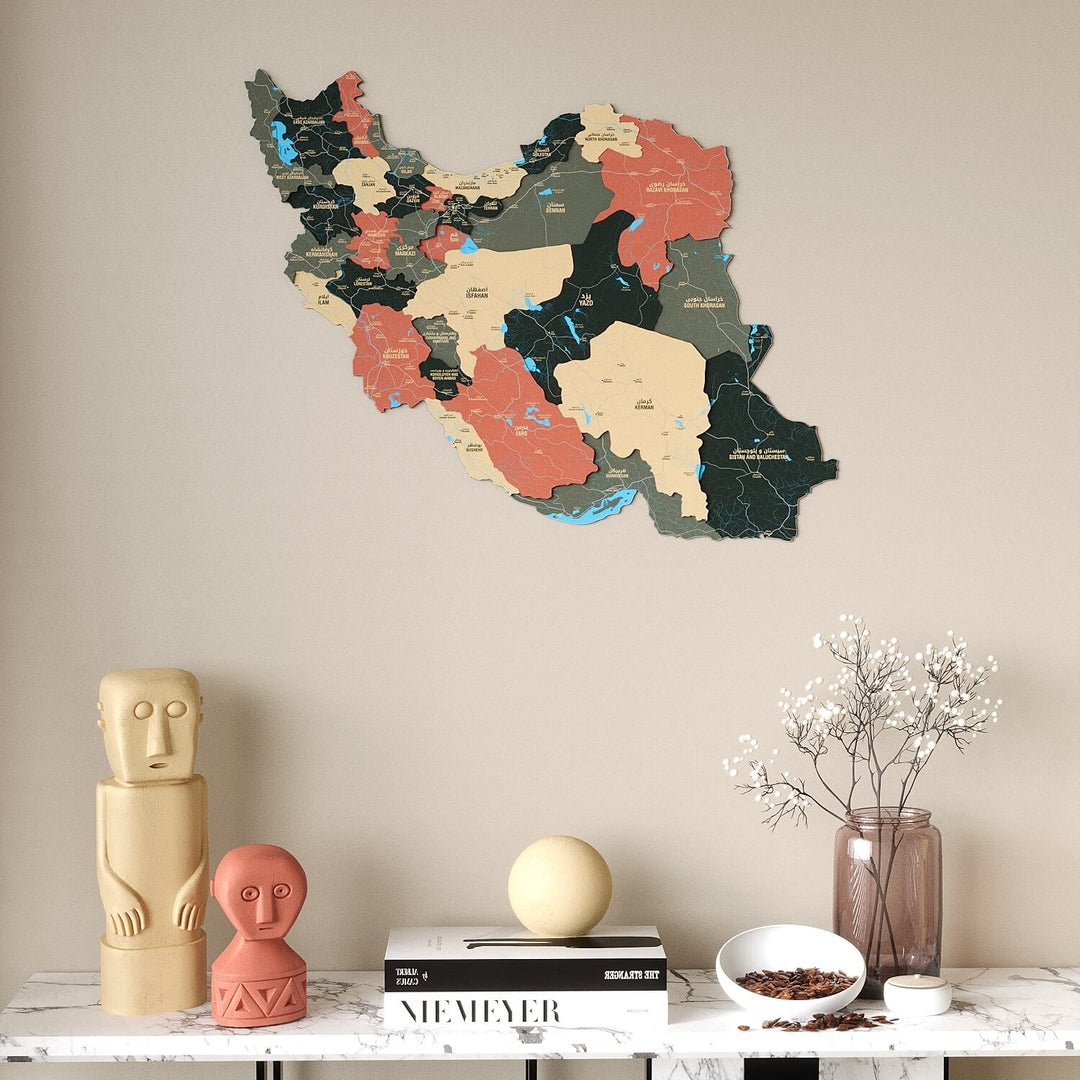Iran Wooden Wall Map Colorful Flag Edition Decor