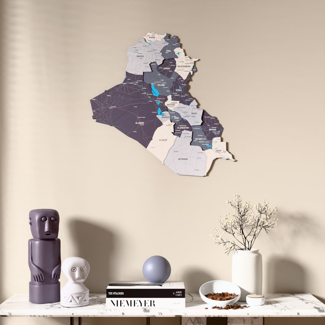 Nimbus Iraq wooden wall map above a marble console, front view