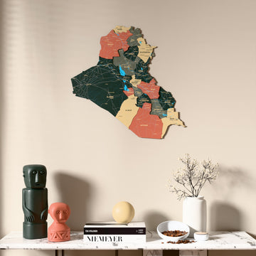 Sage Iraq wooden wall map above a marble console, front view
