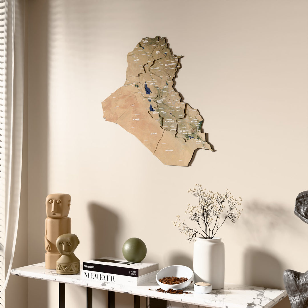 Satellite Iraq wooden wall map beside a sheer curtain, angled view