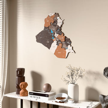 Soil Iraq wooden wall map beside a sheer curtain, angled view