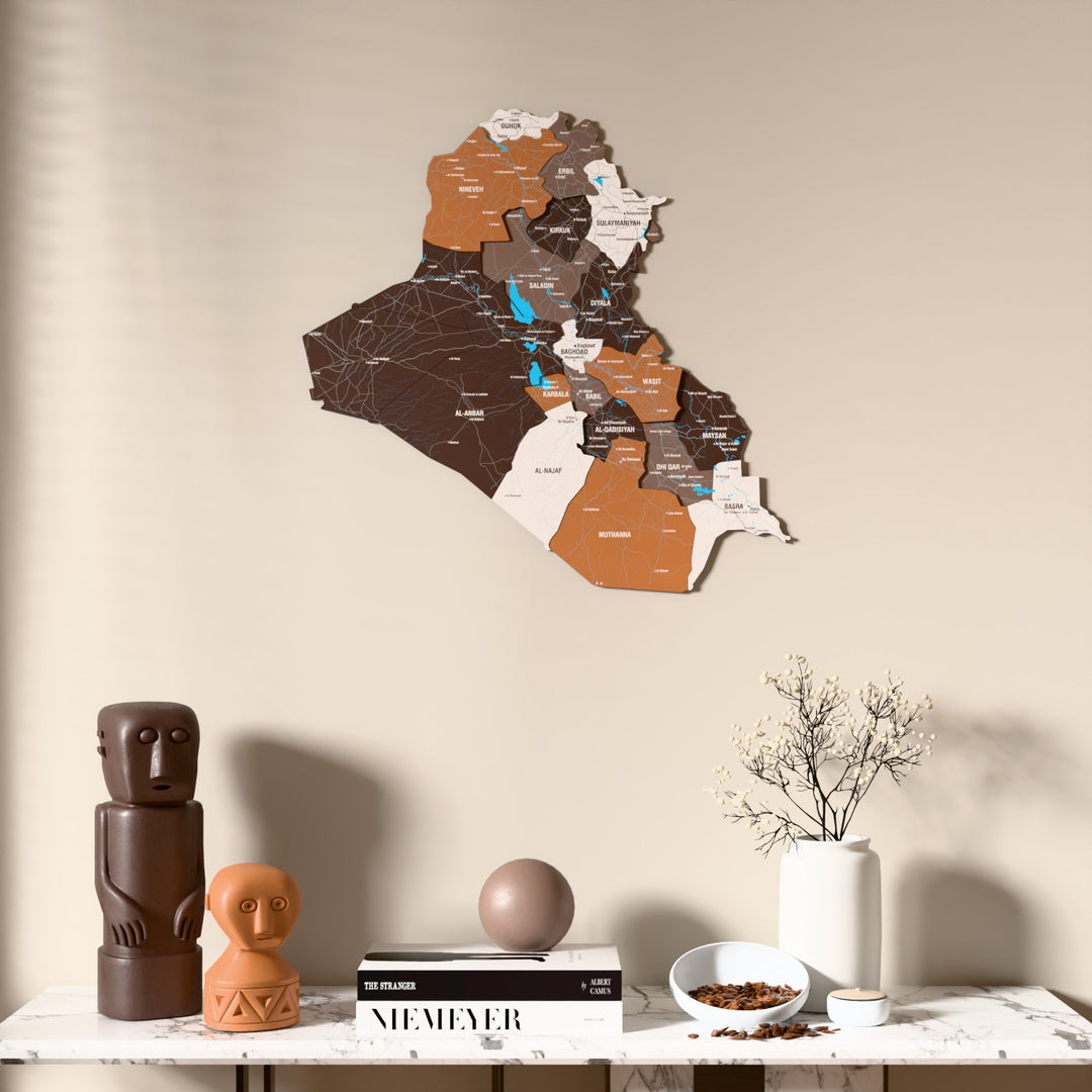 Soil Iraq wooden wall map above a marble console, front view