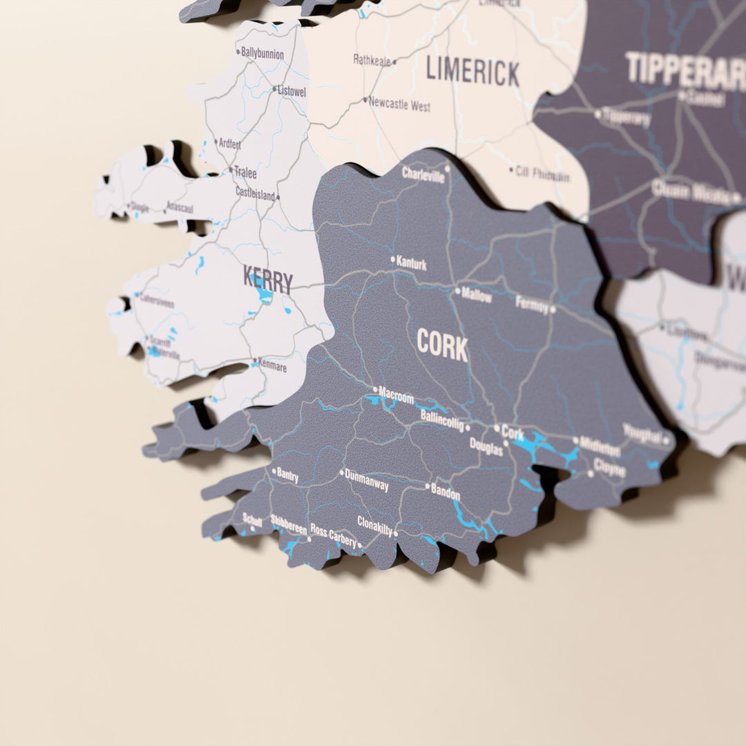 Close-up of the Nimbus Ireland wooden wall map with layered regions and printed names