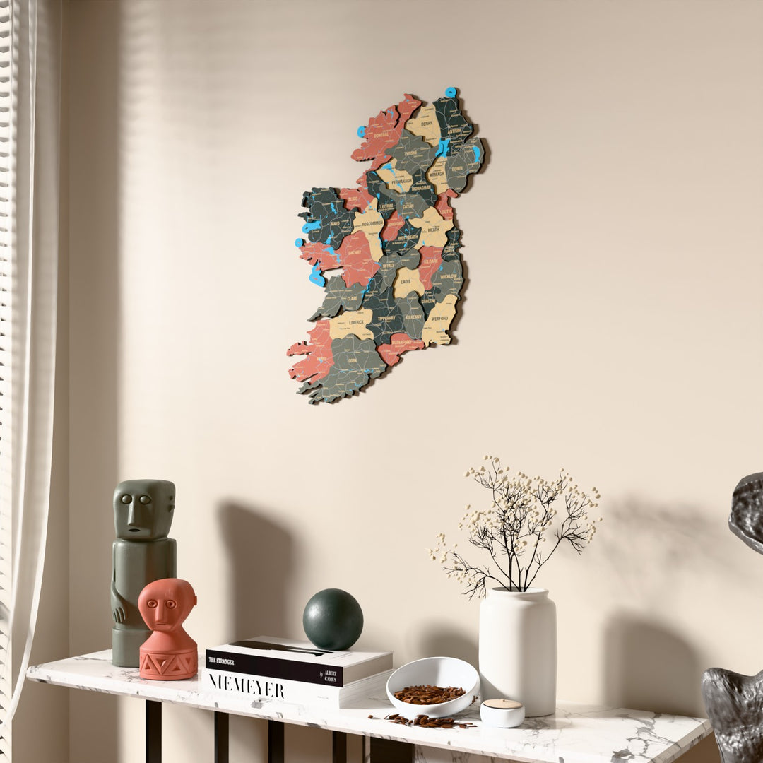 Sage Ireland wooden wall map beside a sheer curtain, angled view