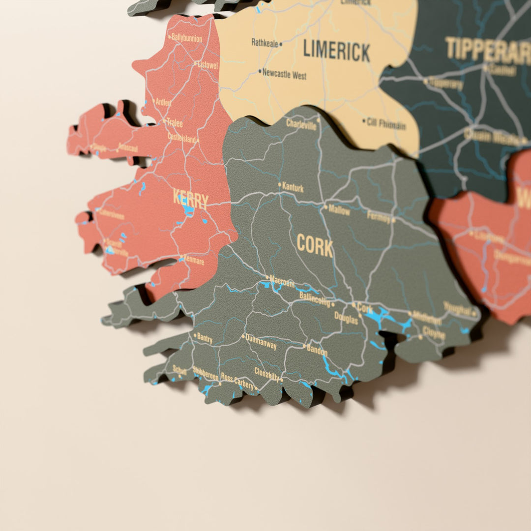 Close-up of the Sage Ireland wooden wall map with layered regions and printed names