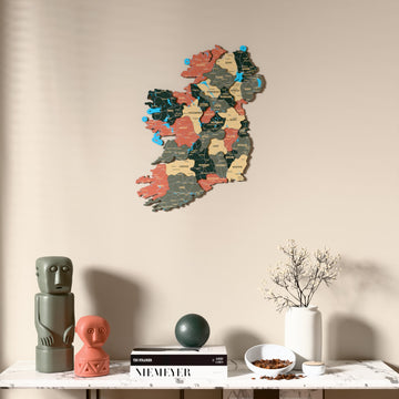 Sage Ireland wooden wall map above a marble console, front view