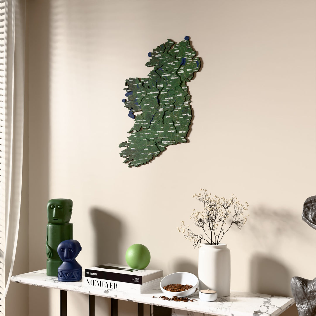 Satellite Ireland wooden wall map beside a sheer curtain, angled view