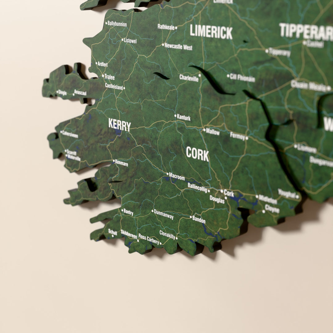 Close-up of the Satellite Ireland wooden wall map with layered regions and printed names