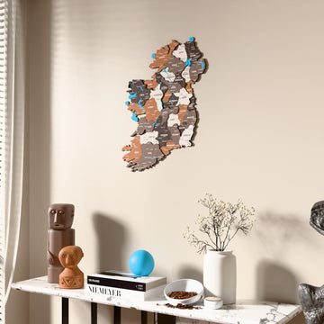 Soil Ireland wooden wall map beside a sheer curtain, angled view